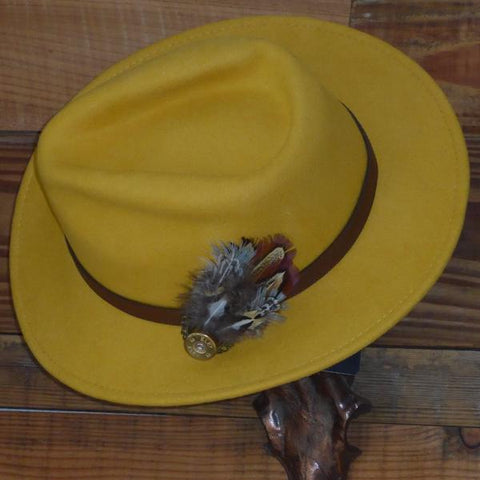 Mustard Fedora Hat with Leather Band. Unisex, Crushable.