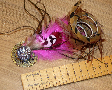 Feather Brooch or Hat Pin with Curled Pheasant Tail Feather.