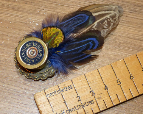 Blue Feather Brooch/Hatpin with Pheasant and Peacock Feathers.