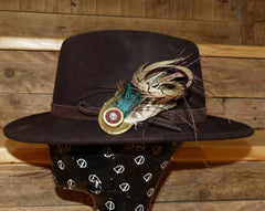 Stunning Hat Pin with Peacock and Curled Pheasant Tail Feather.
